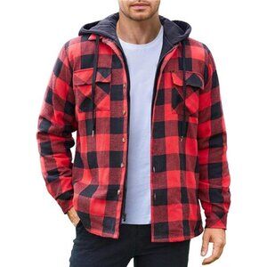 Mens Quilted Flannel Shirt Jacket Hooded Plaid Warm Long Sleeve Winter Coat